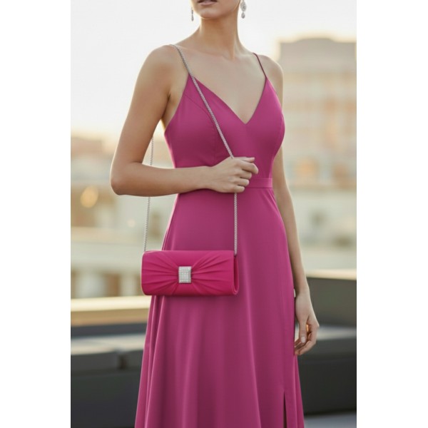 Evening Bag - Satin w/ Rhinestone Square Charm Bow - Fuchsia - BG-92021FU